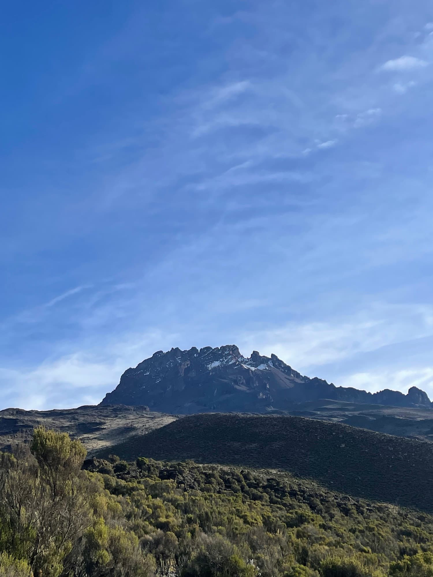 The jagged spires of Mawenzi rising above green moorland under a blue sky