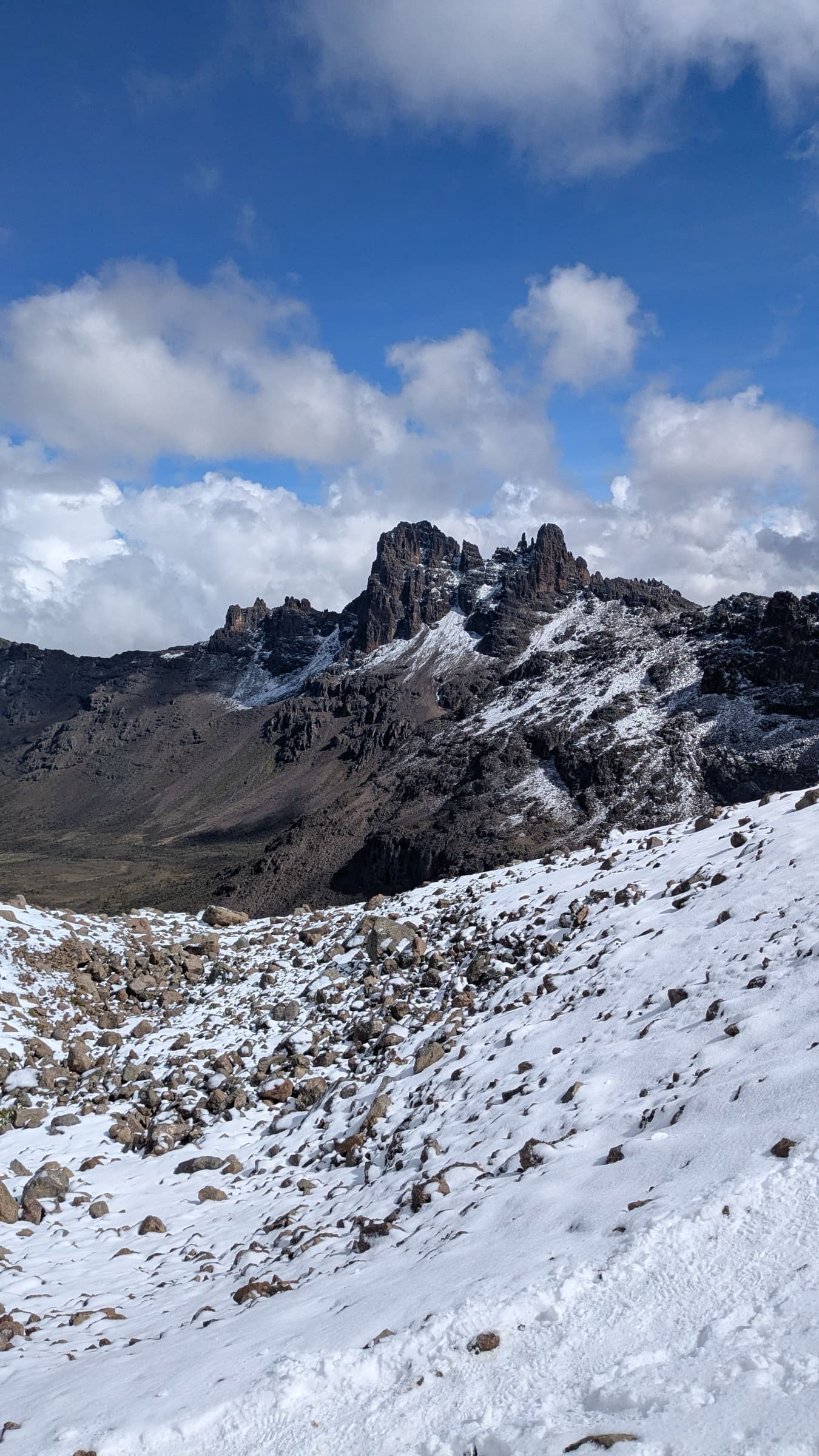Snowy field below the Mount Kenya summit crags